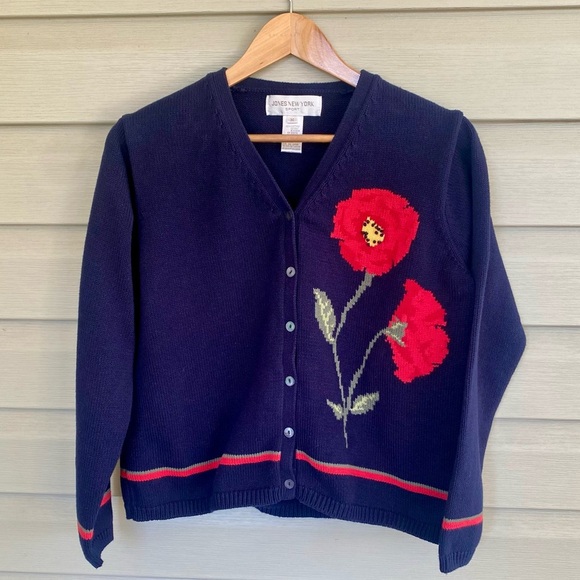 JONES NEW YORK SPORT vintage 90s cardigan navy red poppies floral sz M cottage - Picture 1 of 13